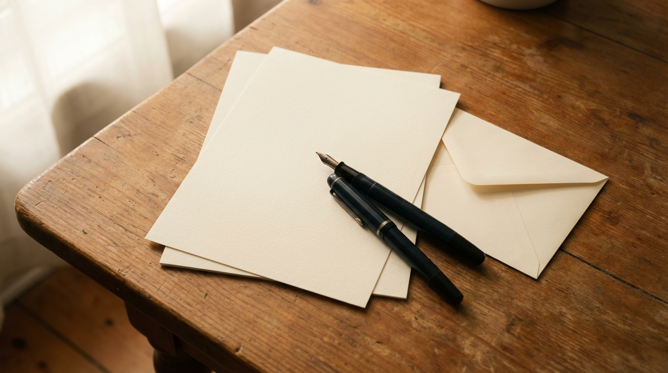 Elegant stationery and pen on wooden table representing thoughtful preparation