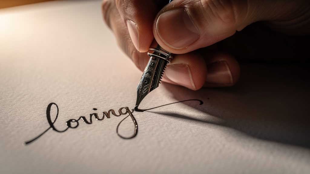 Hand writing the word loving with fountain pen showing craftsmanship